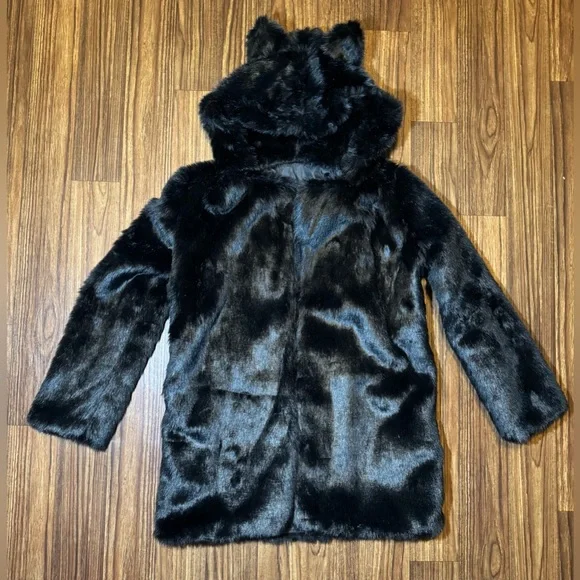 Black Faux Fur Hooded Coat, Women’s Medium - Picture 2 of 10